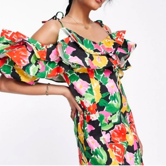 TopShop Bardot Cotton Blend Colorful Floral Ruffle Off the Shoulder Dress - Picture 3 of 9